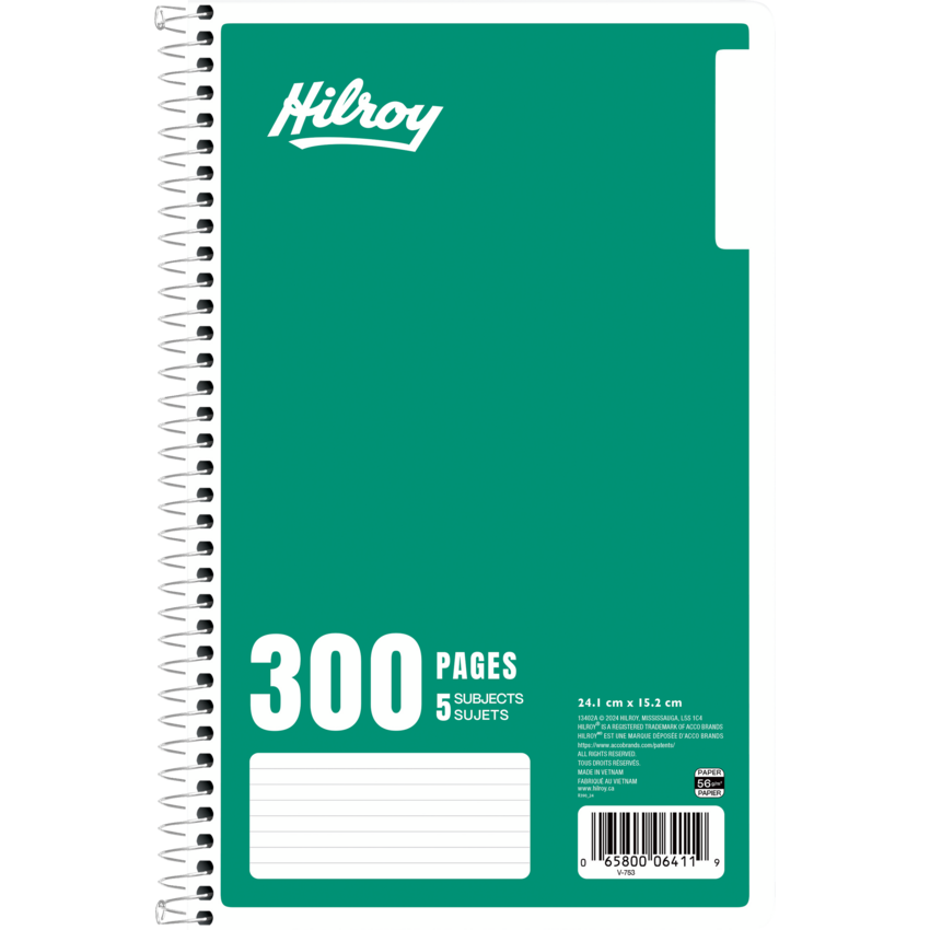 Hilroy 5-Subject Notebook Ruled 300 pages 9-1/2" x 6" Green