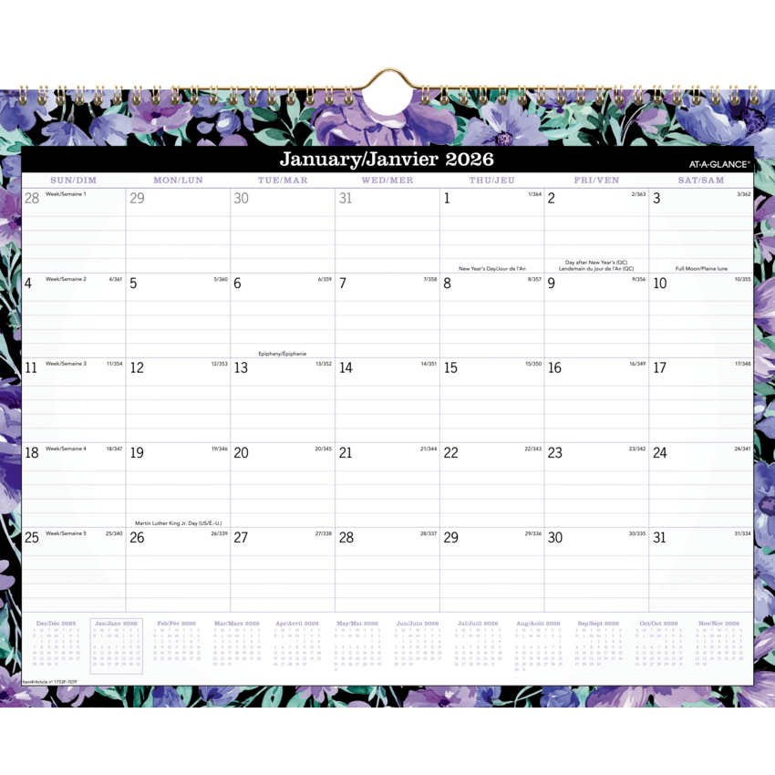 AT-A-GLANCE® Badge Floral Wall Calendar 15" x 12" Bilingual Purple