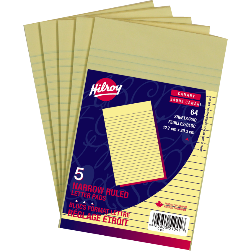 Hilroy Writing Pads Narrow Rule 64 sheets per pad 5" x 8" Canary 5 pads/pkg