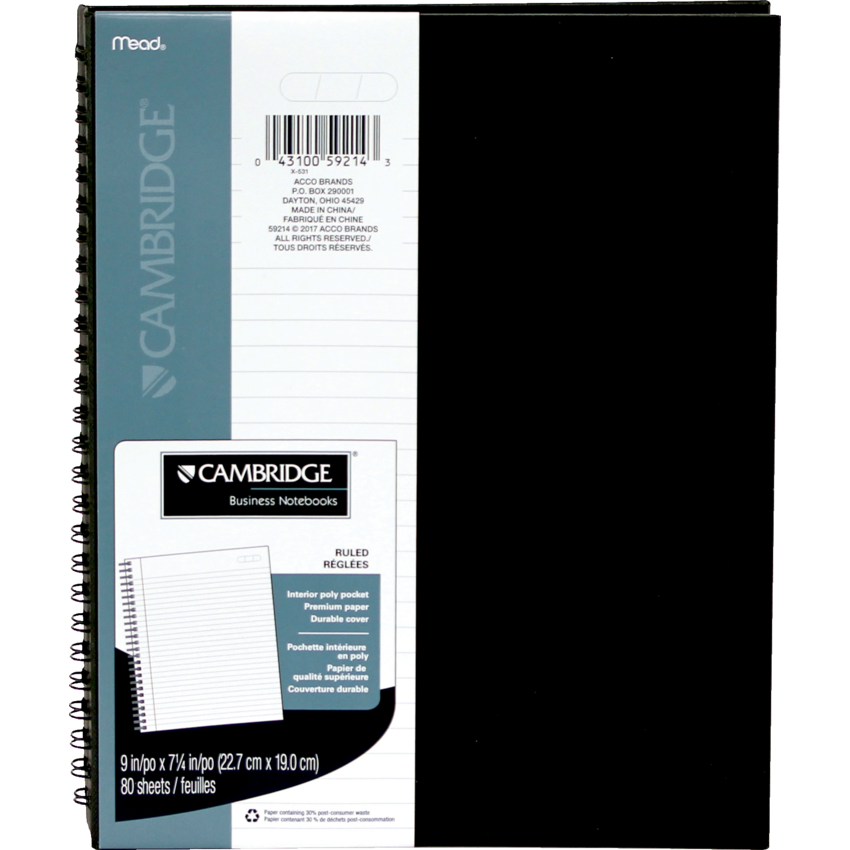 Cambridge® Wirebound Hard Cover Notebook 9" x 7-1/4" 160 pages Black