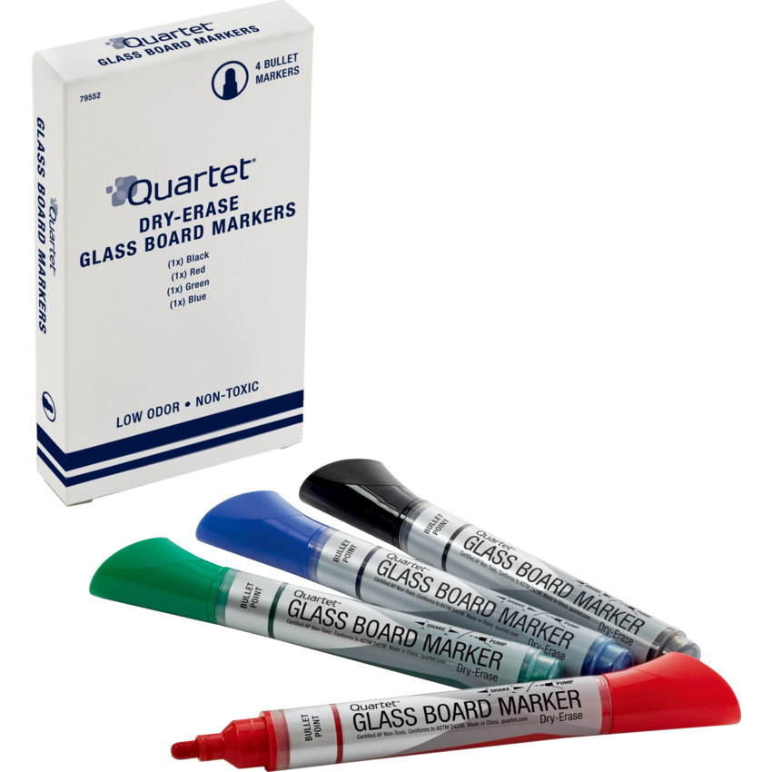 Quartet® Glass Board Markers Bullet Tip Assorted Colours 4/pkg