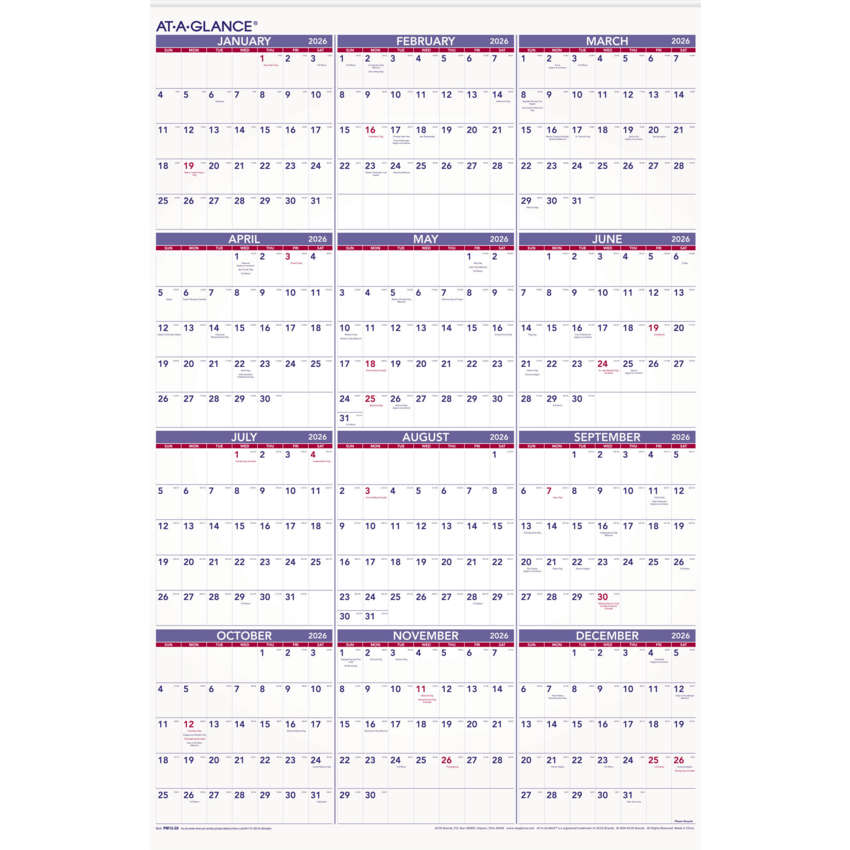 AT-A-GLANCE® Recycled Yearly Wall Calendar 24" x 36" English