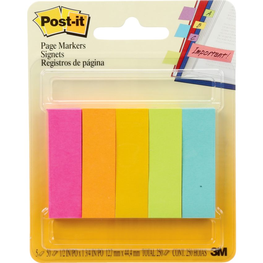 Post-it® Page Markers 1/2" 50 sheets per pad Fluorescent 5 pads/pkg