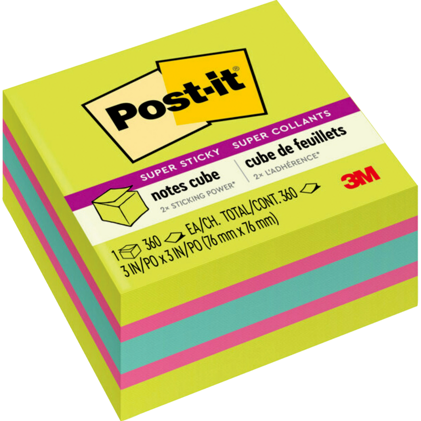 Post-it® Super Stickey Notes Cube 3" x 3" 360 Sheets per Pad Assorted Green, Fuchsia and Aqua Colours