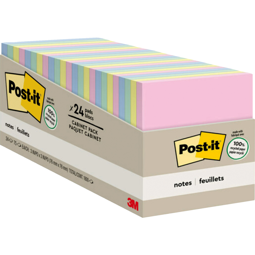 Post-it® Recycled Notes Cabinet Pack 3" x 3" 75 sheets per pad Assoted Sweet Sprinkles Colours 24 pads/pkg