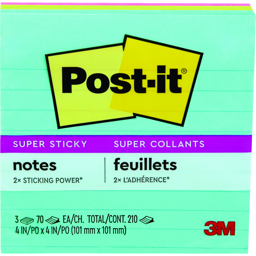 Post-it® Super Sticky Notes Lined 4" x 4" 90 sheets per pad Assorted Supernova Colours 3 pads/pkg