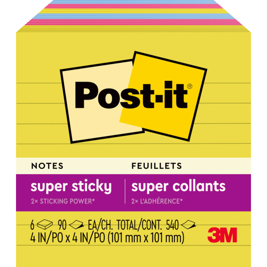 Post-it® Super Sticky Notes Lined 4" x 4" 90 sheets per pad Assorted Summer Joy Collection 6 pads/pkg