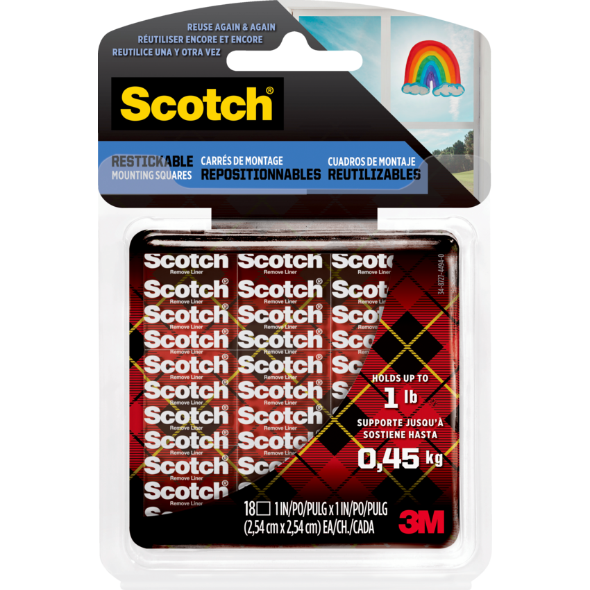 Scotch® Restickable Mounting Tabs 1" x 1" Clear 18/pkg