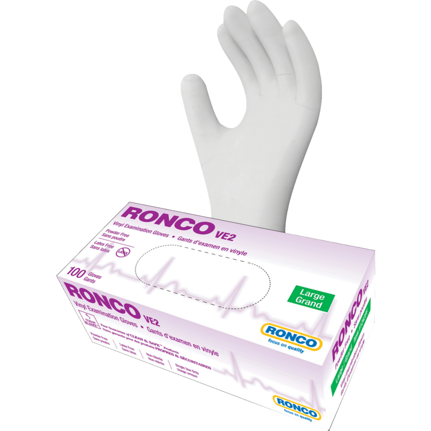 RONCO VE2 Examination Vinyl Gloves Large Clear 100/box