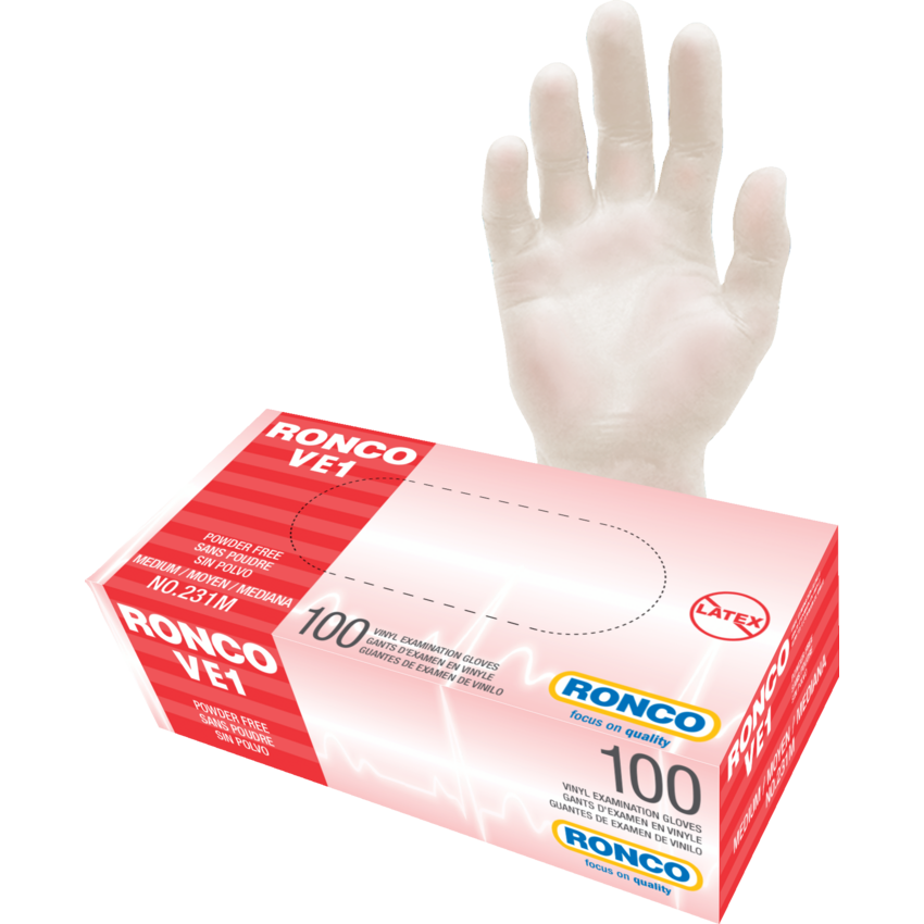 RONCO VE1 Examination Vinyl Gloves Medium Clear 100/box