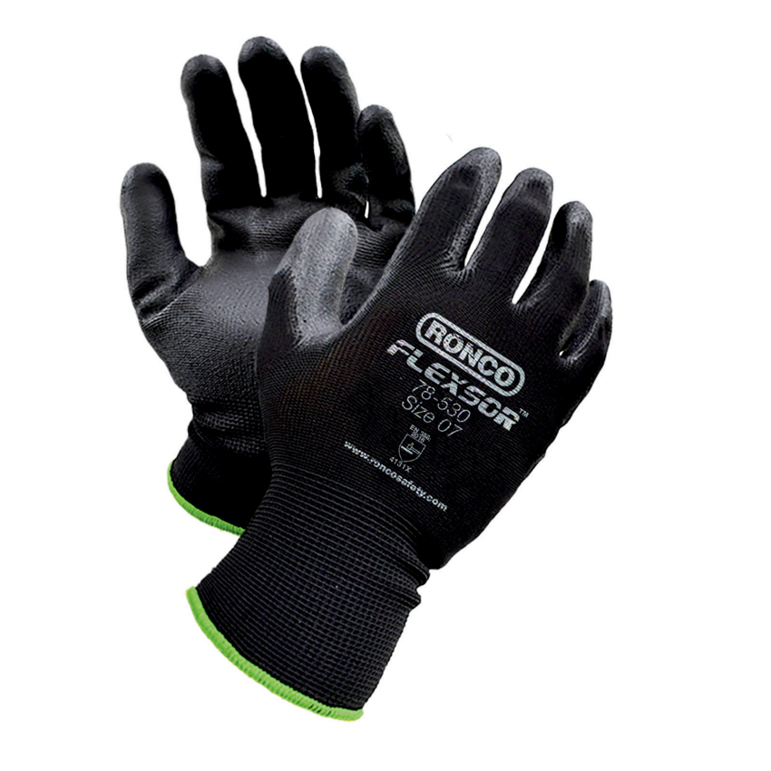 RONCO Flexsor™ Polyurethane Palm Coated Gloves Small Black on Black 12 pairs/pkg