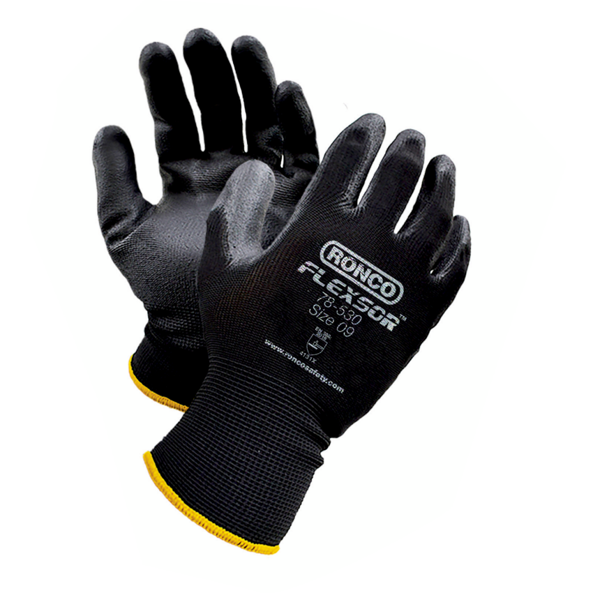 RONCO Flexsor™ Polyurethane Palm Coated Gloves Large Black on Black 12 pairs/pkg