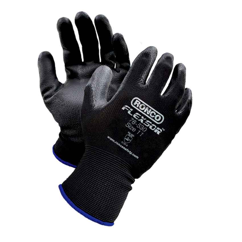 RONCO Flexsor™ Polyurethane Palm Coated Gloves 2X-Large Black on Black 12 pairs/pkg