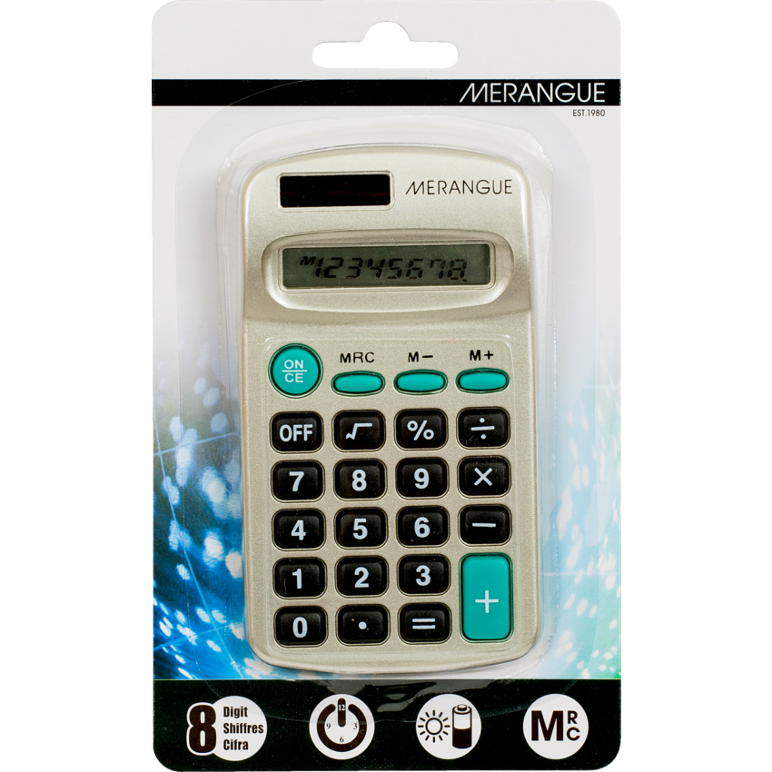 Merangue Handheld Calculator 8 digits 2-1/2" x 4-1/2" x 3/4" Silver
