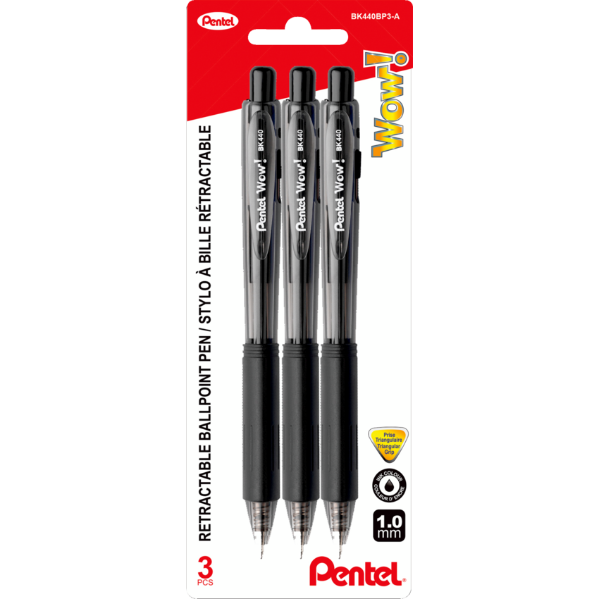 Pentel® Wow! Retractable Ball Point Pen Medium Point Black 3/pkg