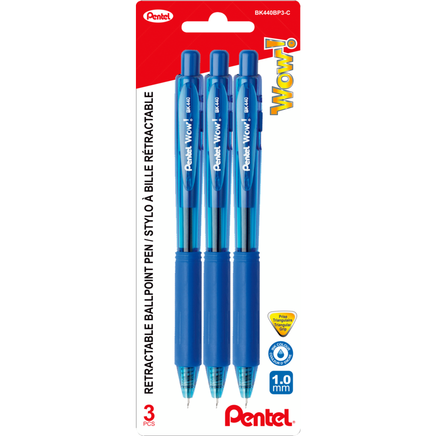 Pentel® Wow! Retractable Ball Point Pens Medium Point Blue 3/pkg