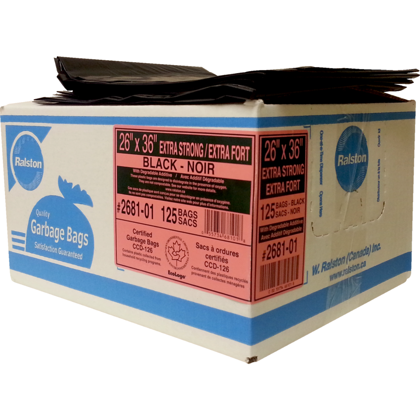 Ralston 2600 Series EcoLogo™ Industrial  Garbage Bags Extra Strong 26" x 36" Black 125/ctn