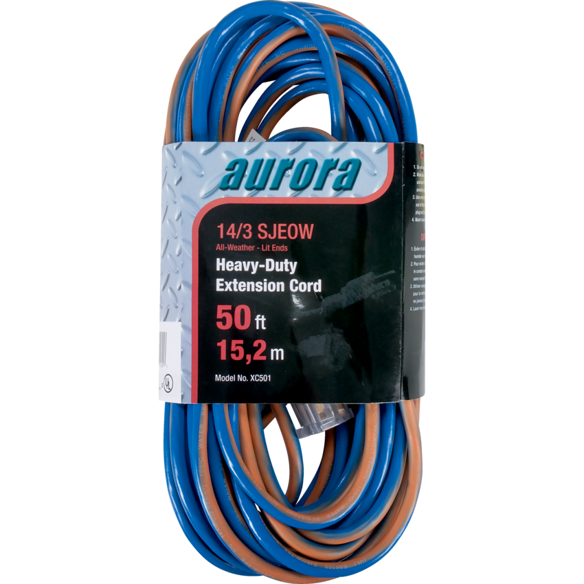 Aurora Tools® All Weather TPE-Rubber Extension Cord with Light Indicator 50' Blue/Orange