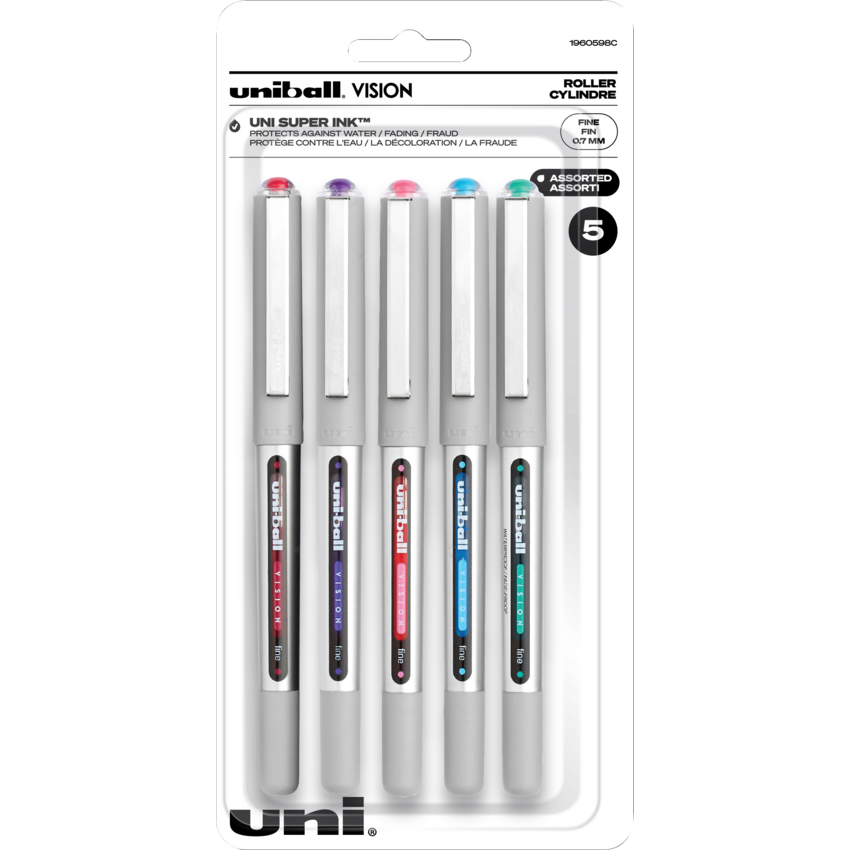 uni-ball® Vision™ Roller Pens 0.7 mm Assorted Colours with Grey Barrel 5/pkg