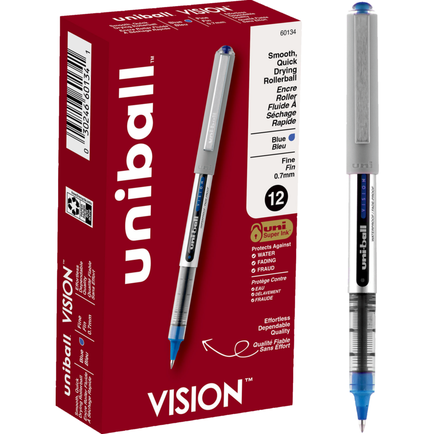 uni-ball® Vision™ Roller Pen 0.7 mm Blue with Metallic Grey Barrel 12/box