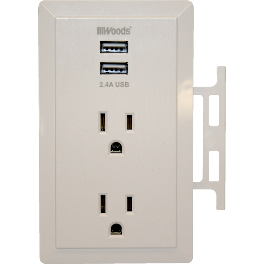 Woods® 2-Outlet/2-USB Ports Wall Tap White