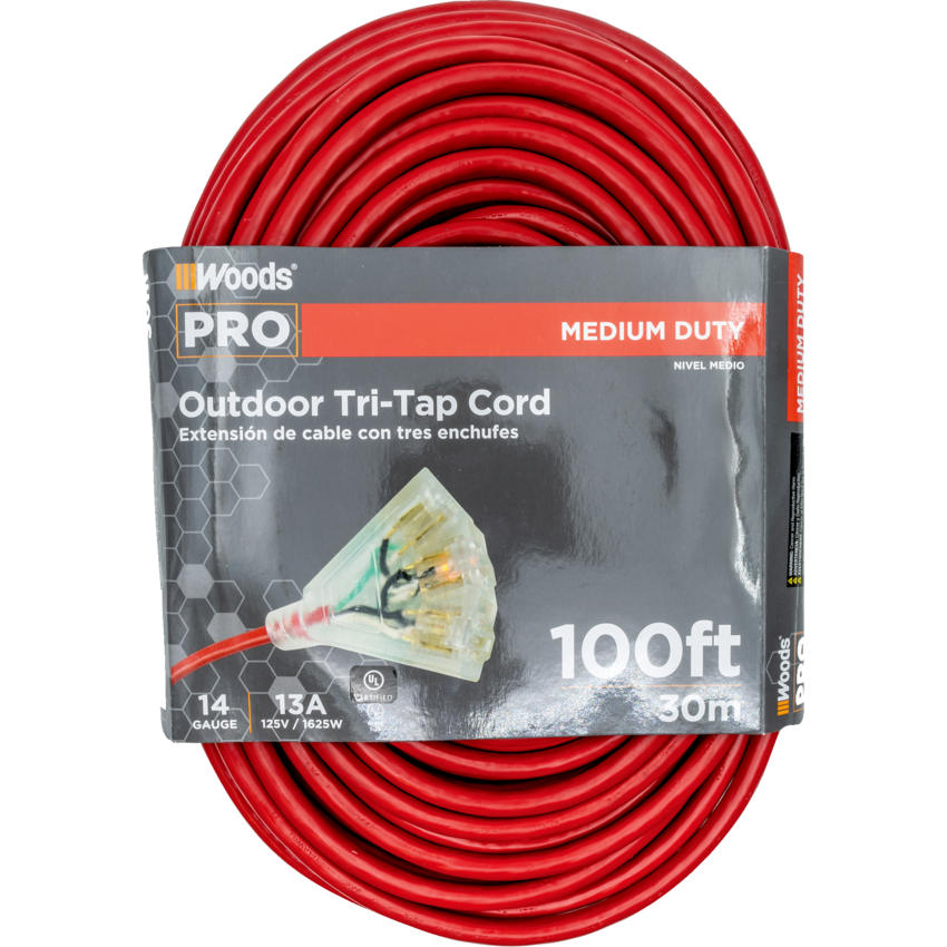 Woods® 14/3 SJTW Outdoor Extension Cord with Lit Tritap 100' Red