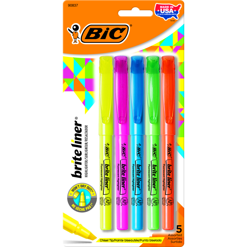 Bic® Brite liner® Pen Style Highlighters Chisel Tip Assorted Colours 5/pkg